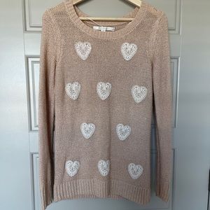 🤍 Lauren Conrad Beige & Gold Glitter & Lace Heart Patched Sweater 🤍